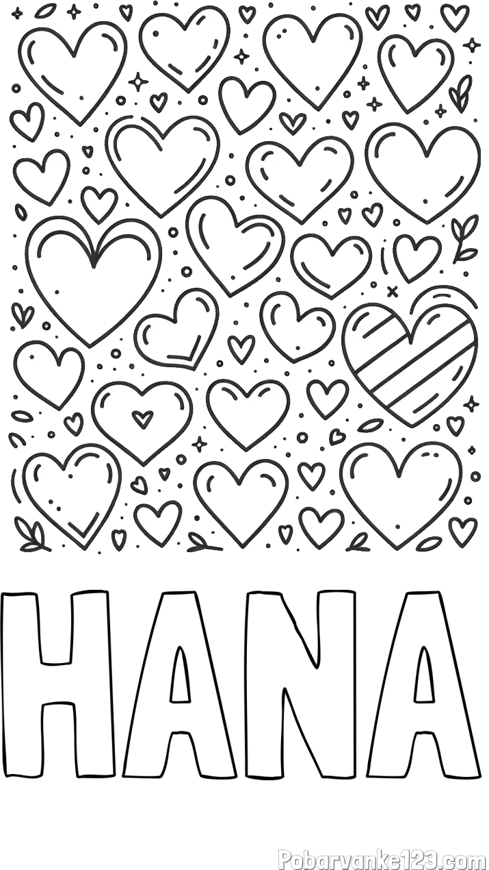 Pobarvanka imena HANA in pobarvanka različnih srčkov