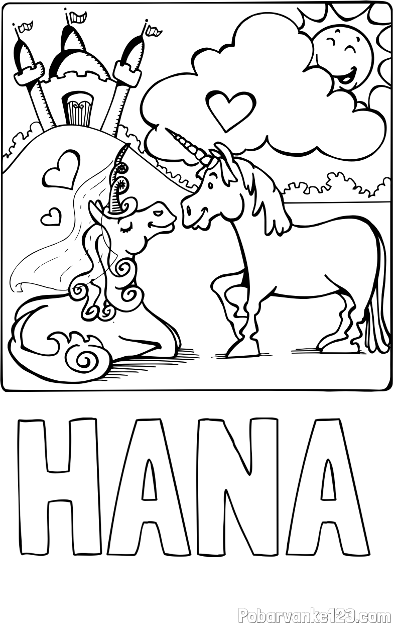 Pobarvanka imena HANA in pobarvanka zaljubljenih samorogov