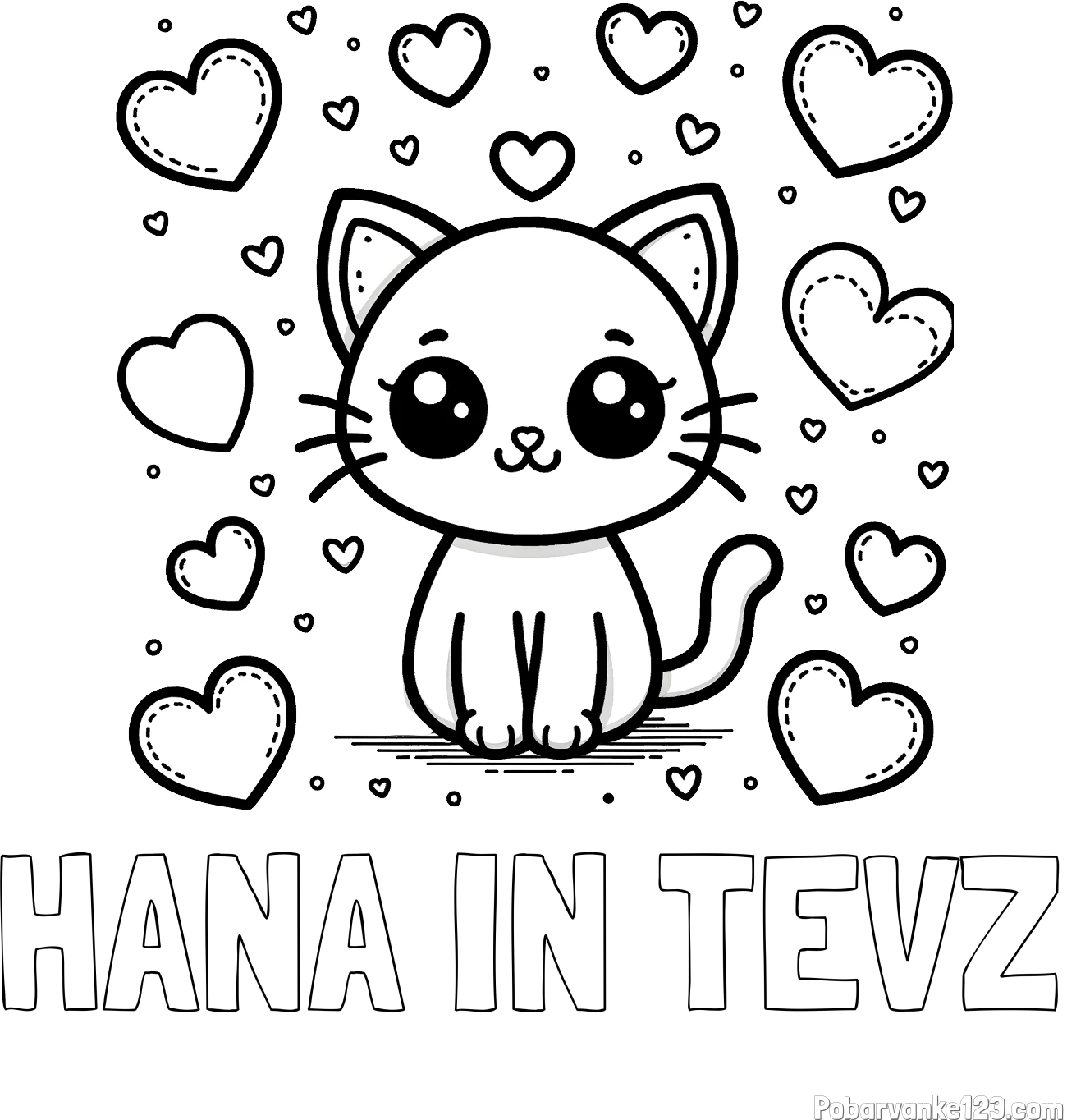 Pobarvanka imena HANA IN TEVŽ in pobarvanka ljubke mucke obdane z veliko srčki