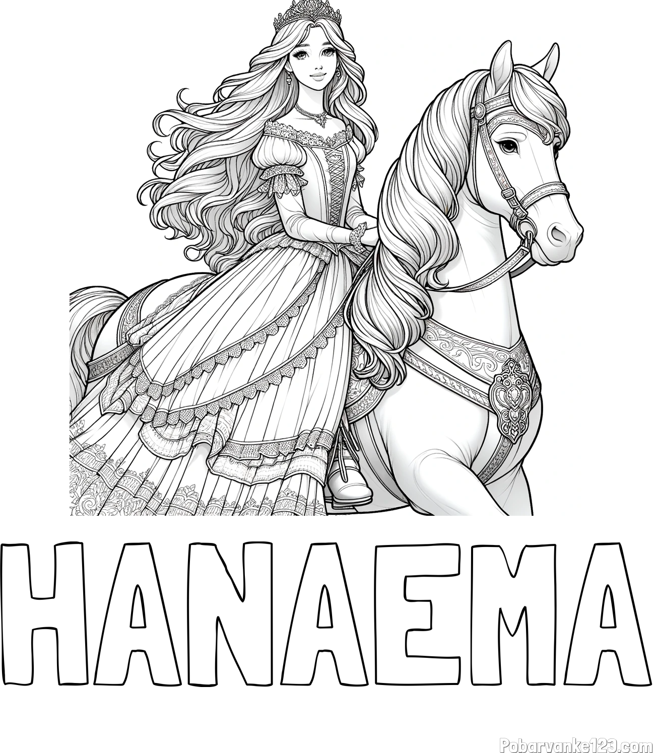 Pobarvanka imena HANAEMA in pobarvanka nasmejana princese na konju