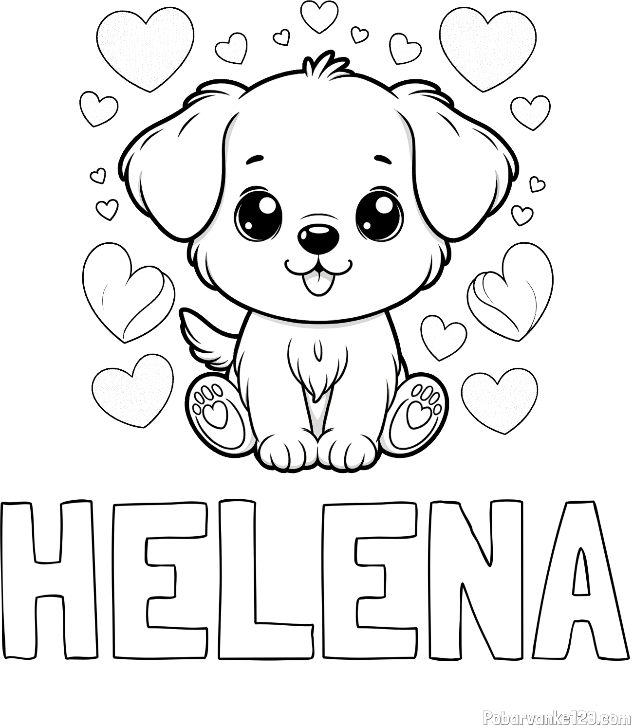 Pobarvanka imena HELENA in pobarvanka ljubkega kužka obdanega s srčki