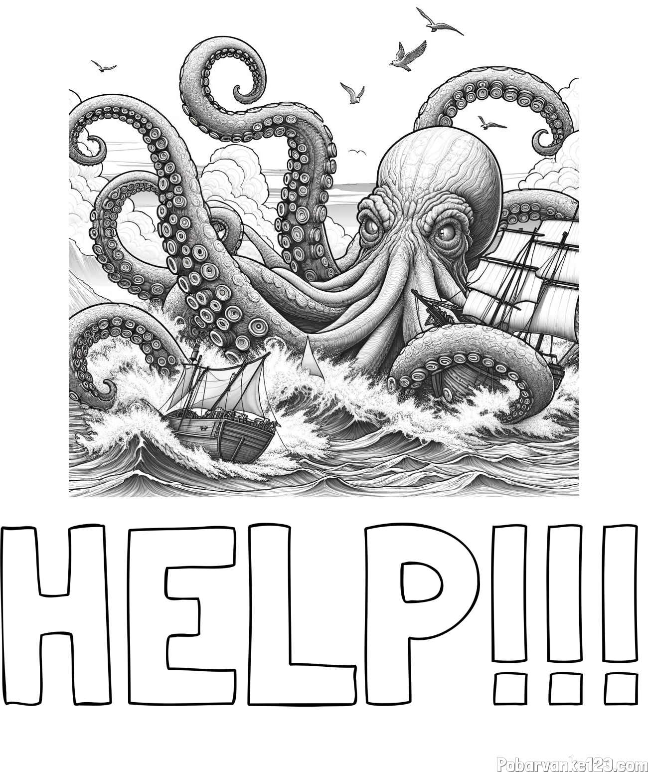 Pobarvanka imena HELP!!! in pobarvanka orjaške hobotnice, ki je napadla veliko gusarsko ladjo