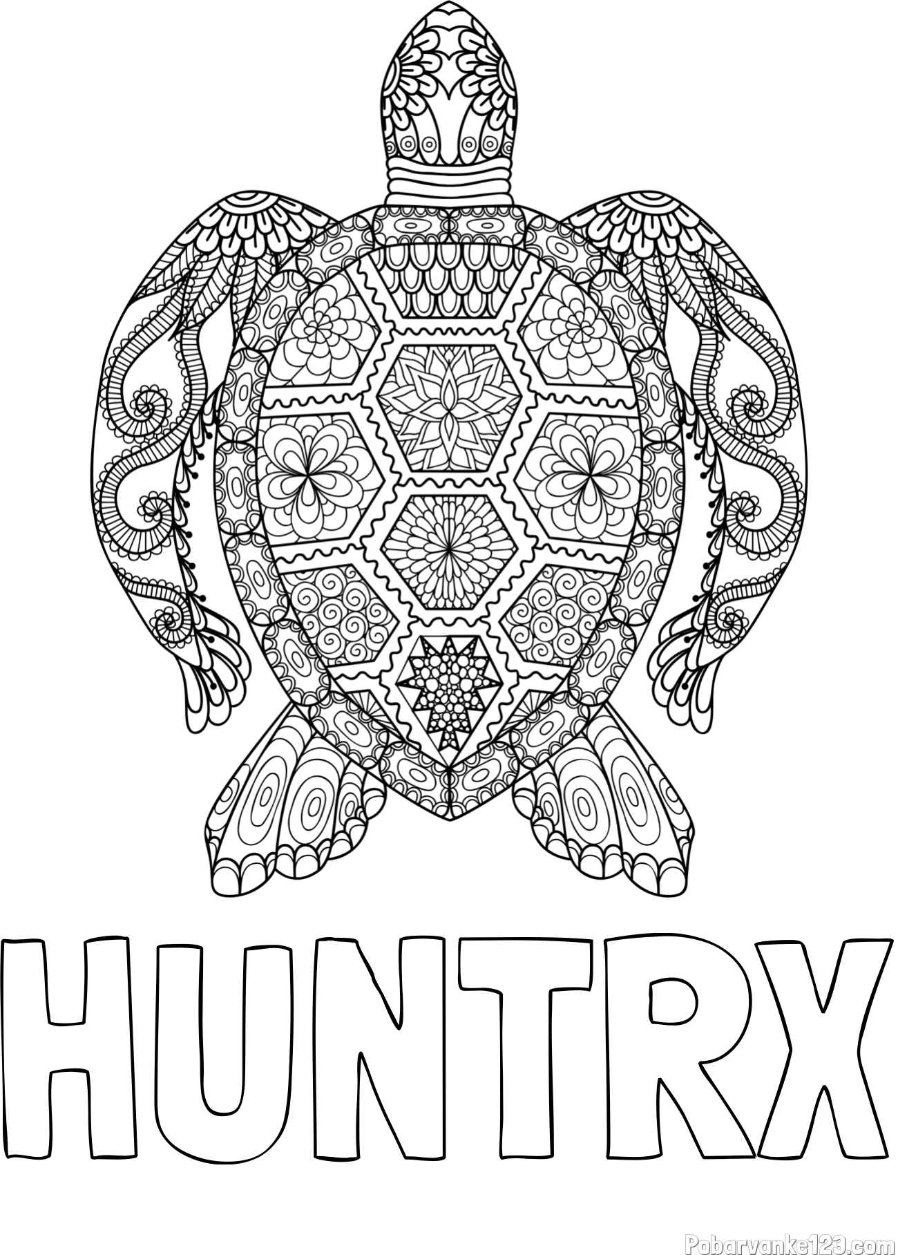 Pobarvanka imena HUNTRX in pobarvanka želve - mandale
