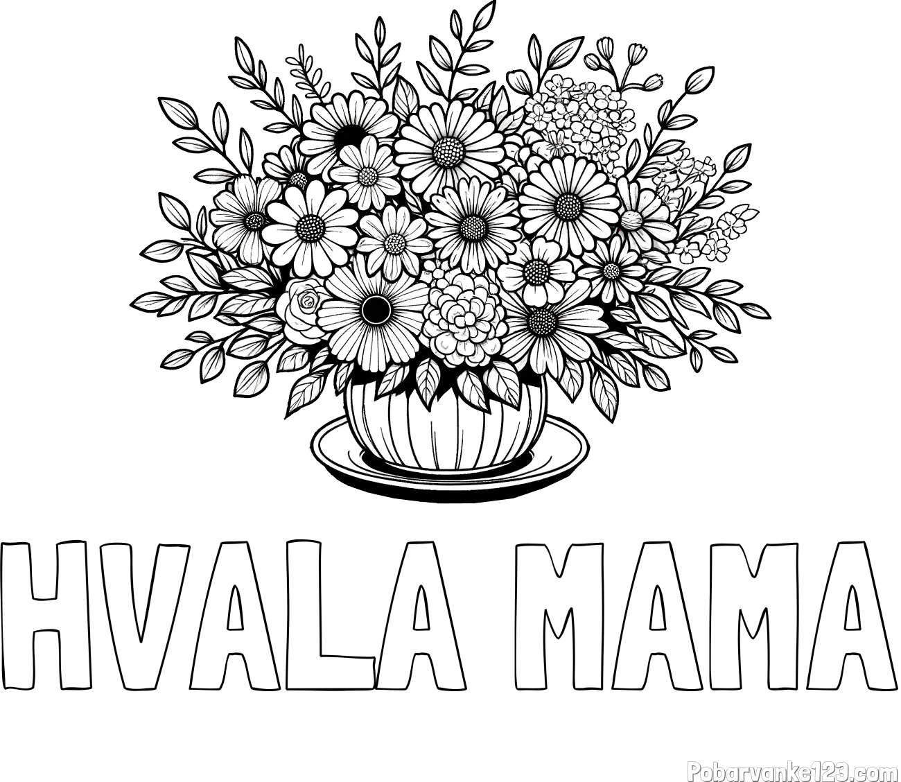 Pobarvanka imena HVALA MAMA in pobarvanka velikega šopka rož