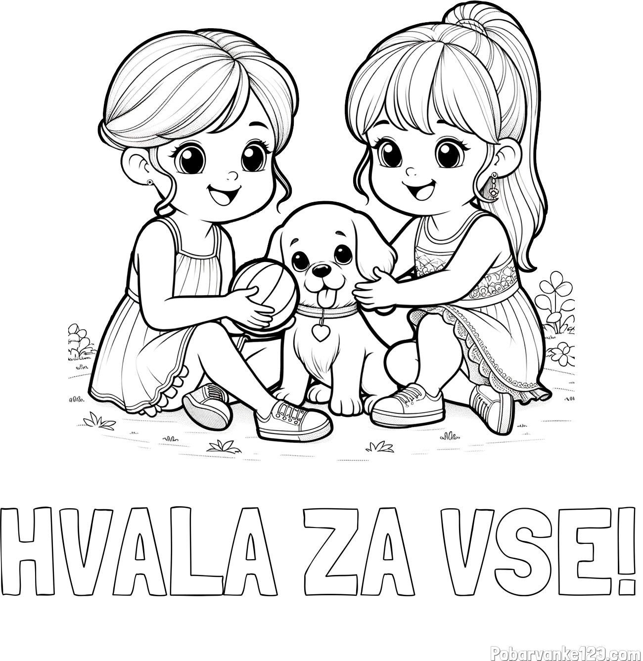 Pobarvanka imena HVALA ZA VSE! in pobarvanka prijateljic s kužkom