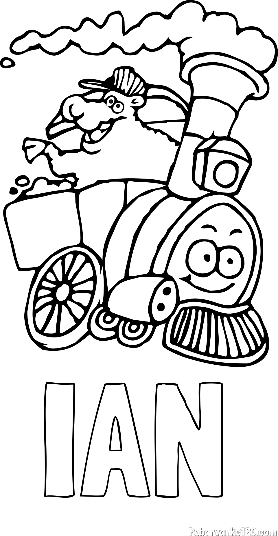 Pobarvanka imena IAN in otroška pobarvanka vesele lokomotive