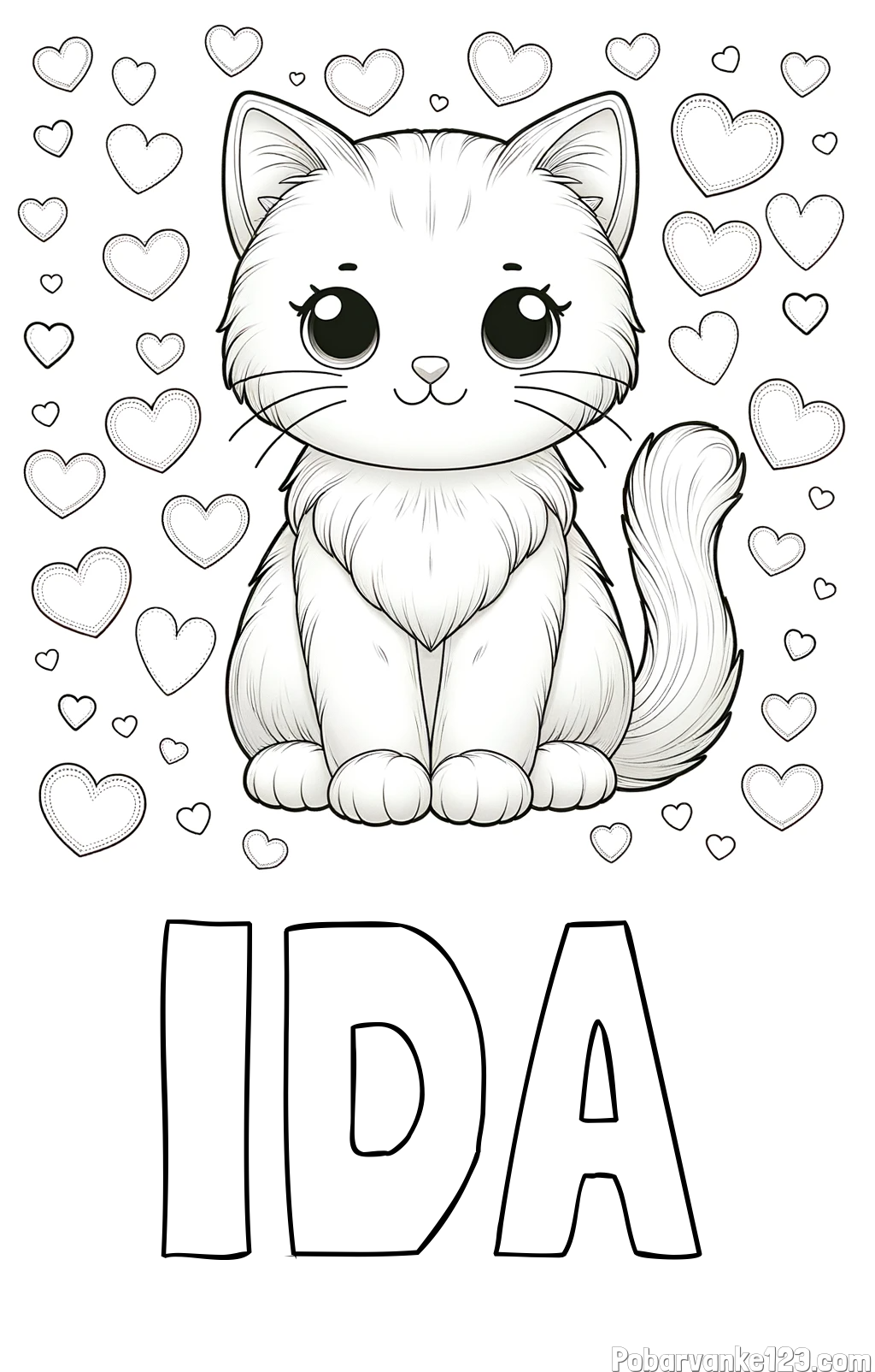 Pobarvanka imena IDA in pobarvanka ljubke mucke obdane s srčki