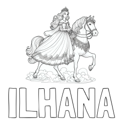 Online izdelana pobarvanka - Pobarvanka imena ILHANA in pobarvanka princese na konju