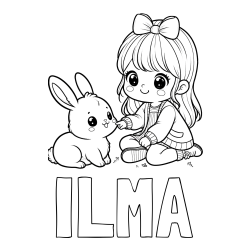 Online izdelana pobarvanka - Pobarvanka imena ILMA in pobarvanka ljubke punčke, ki se igra z zajčkom
