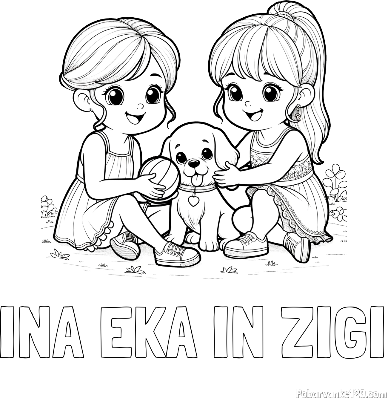 Pobarvanka imena INA EKA IN ZIGI in pobarvanka prijateljic s kužkom