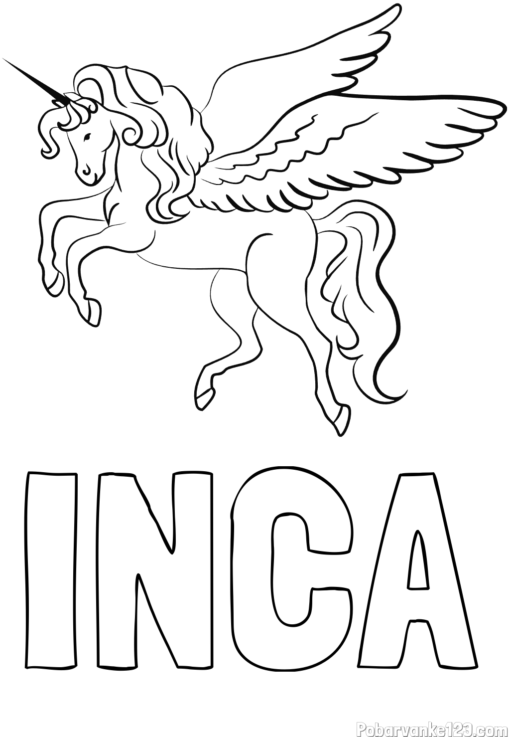 Pobarvanka imena INČA in lepa pobarvanka samoroga