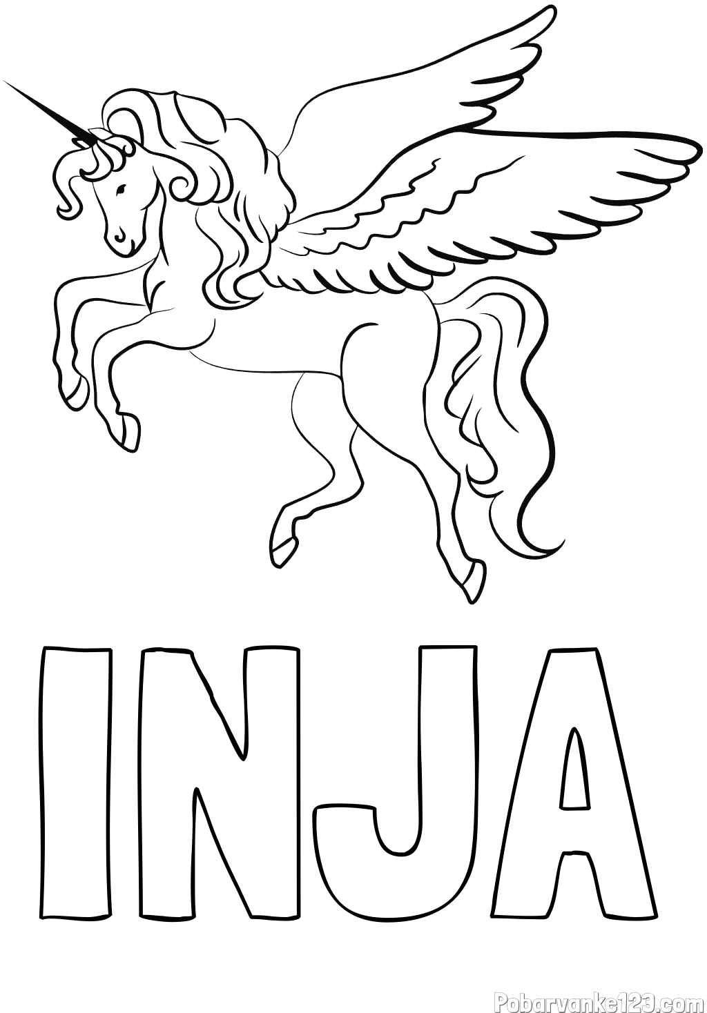 Pobarvanka imena INJA in lepa pobarvanka samoroga