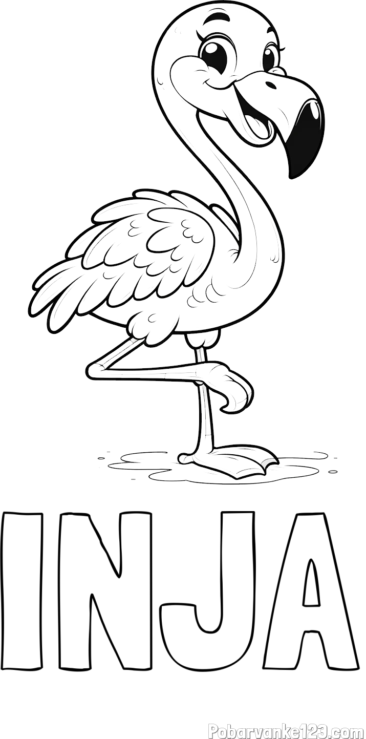 Pobarvanka imena INJA in otroška pobarvanka prikupnega flaminga
