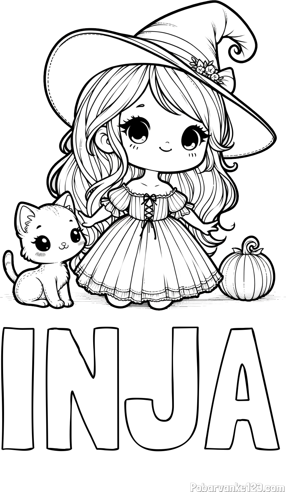 Pobarvanka imena INJA in pobarvanka ljubke čarovnice, muce in buče