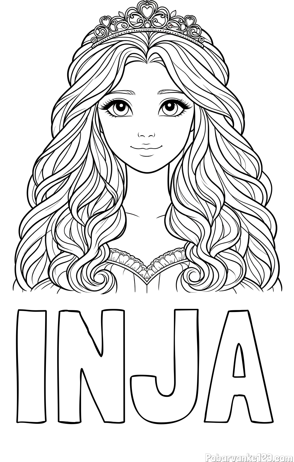 Pobarvanka imena INJA in pobarvanka ljubke princese z bujnimi lasmi