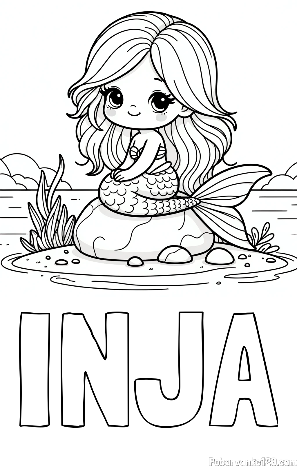 Pobarvanka imena INJA in pobarvanka prikupne morske deklice, ki sedi na kamnu ob obali