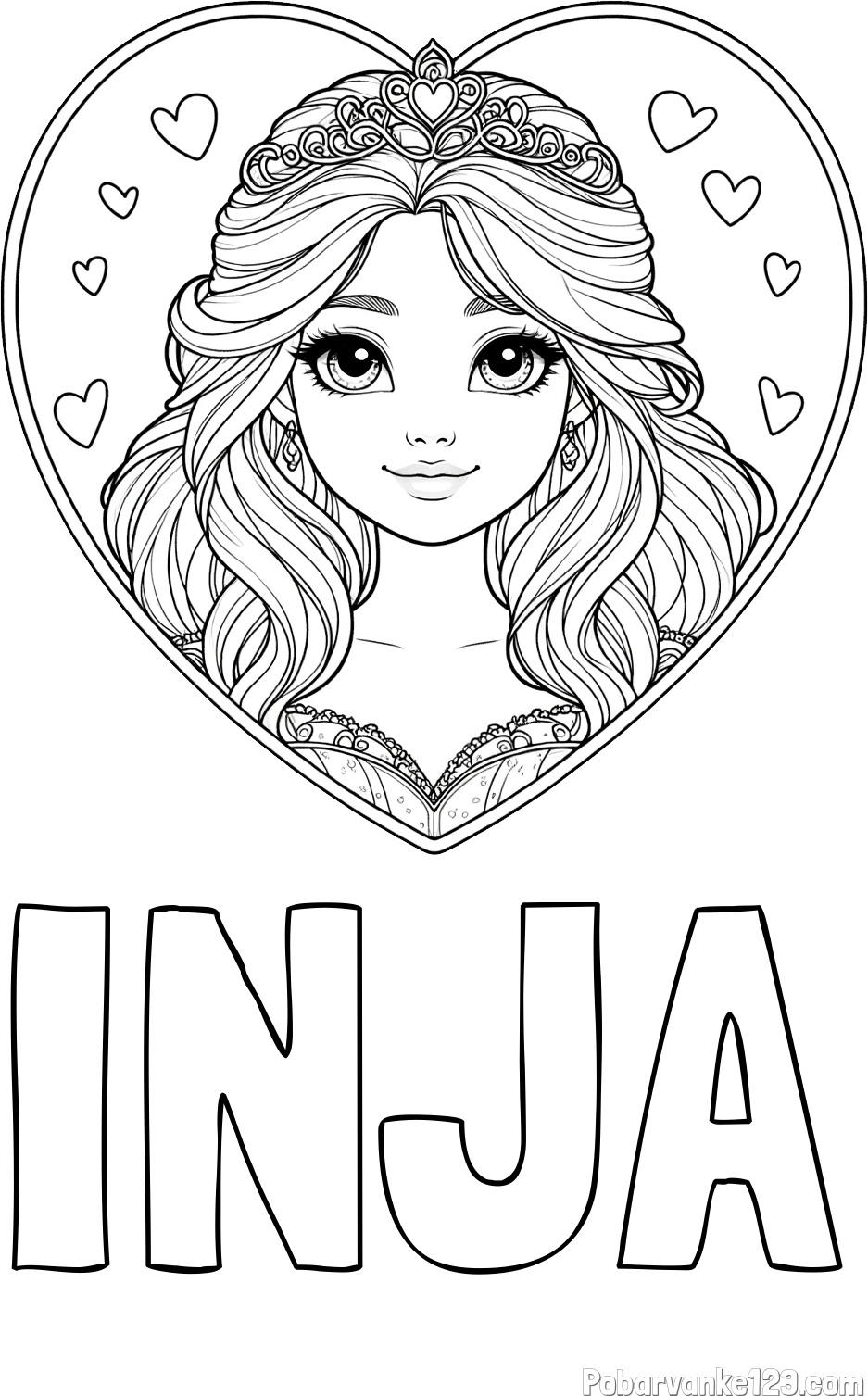 Pobarvanka imena INJA in pobarvanka princeske ter srčkov