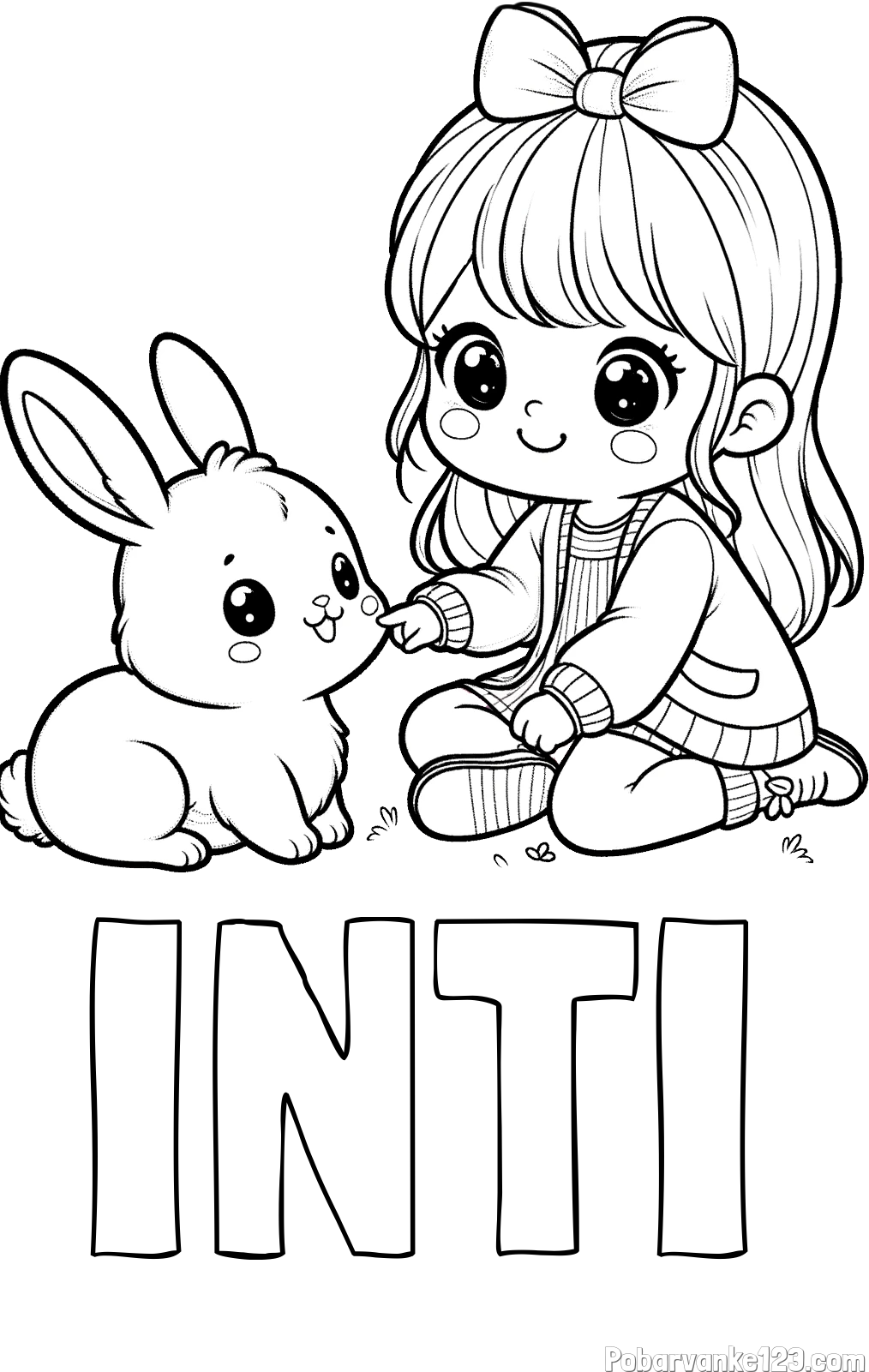 Pobarvanka imena INTI in pobarvanka ljubke punčke, ki se igra z zajčkom