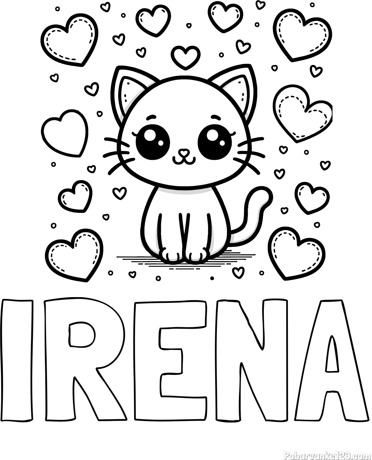 Pobarvanka imena IRENA in pobarvanka ljubke mucke obdane z veliko srčki