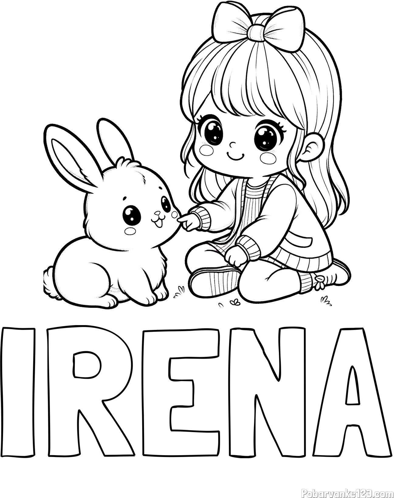 Pobarvanka imena IRENA in pobarvanka ljubke punčke, ki se igra z zajčkom