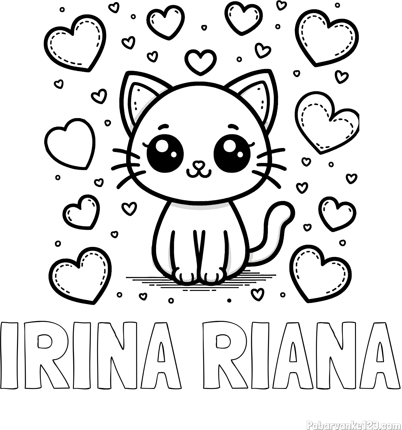 Pobarvanka imena IRINA RIANA in pobarvanka ljubke mucke obdane z veliko srčki