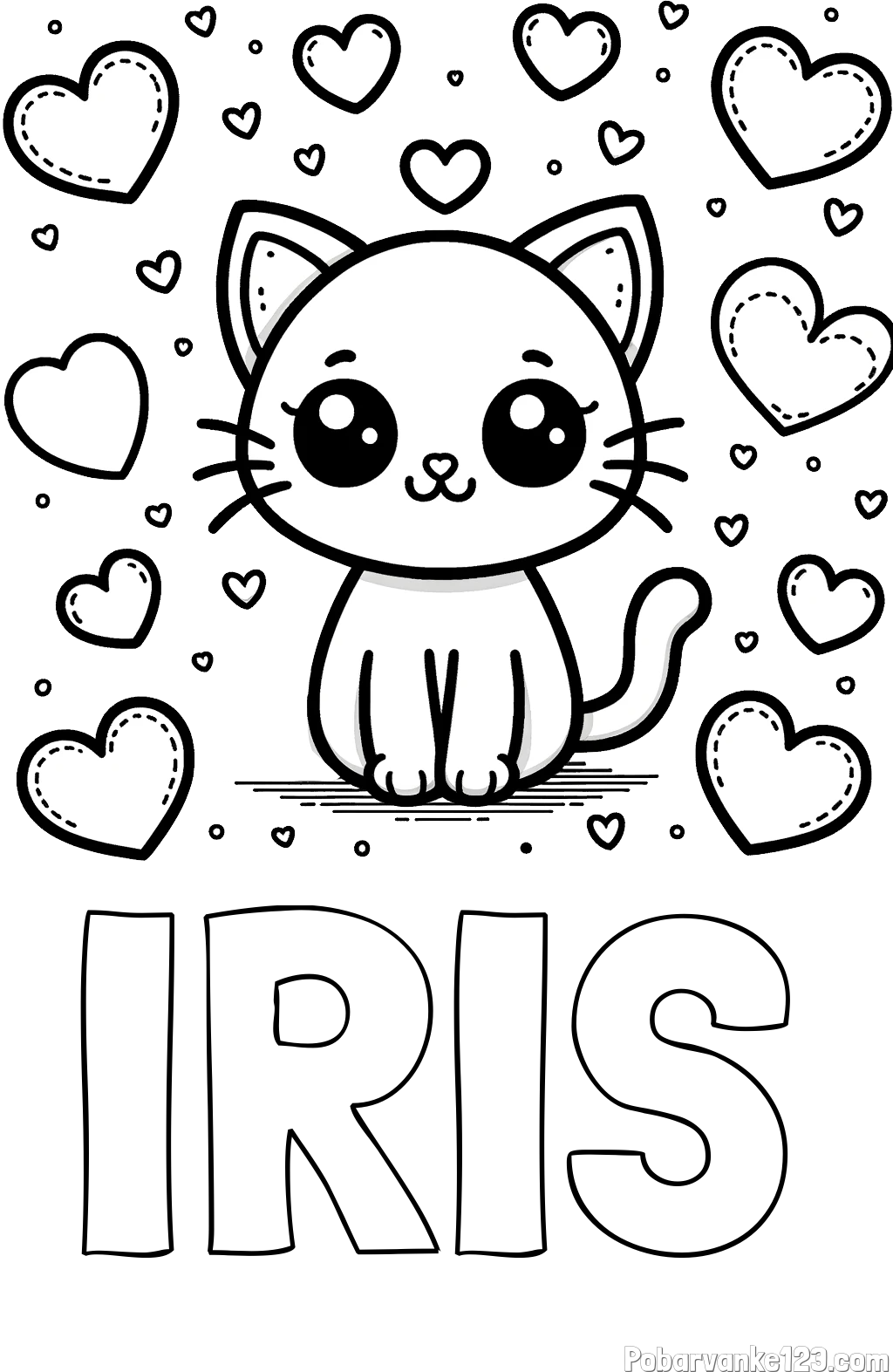 Pobarvanka imena IRIS in pobarvanka ljubke mucke obdane z veliko srčki