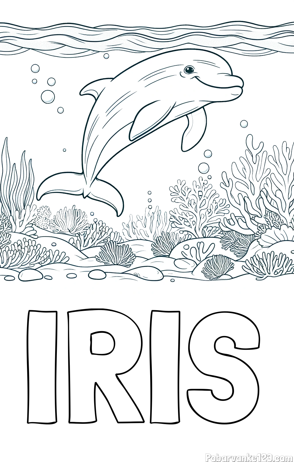 Pobarvanka imena IRIS in pobarvanka ljubkega delfina med plavanjem v morju