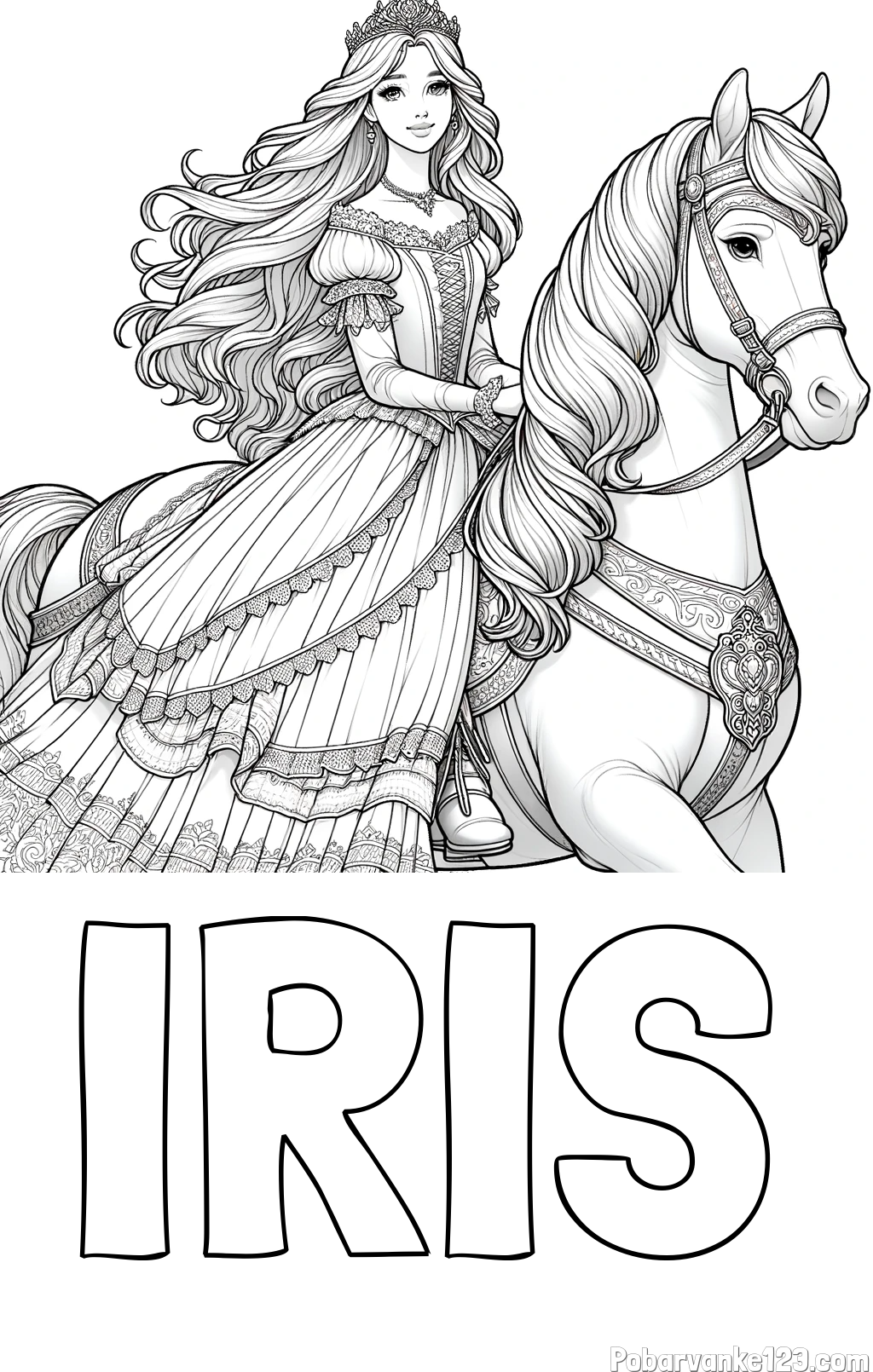 Pobarvanka imena IRIS in pobarvanka nasmejana princese na konju