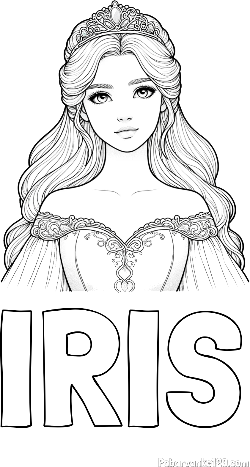 Pobarvanka imena IRIS in pobarvanka realistične princese