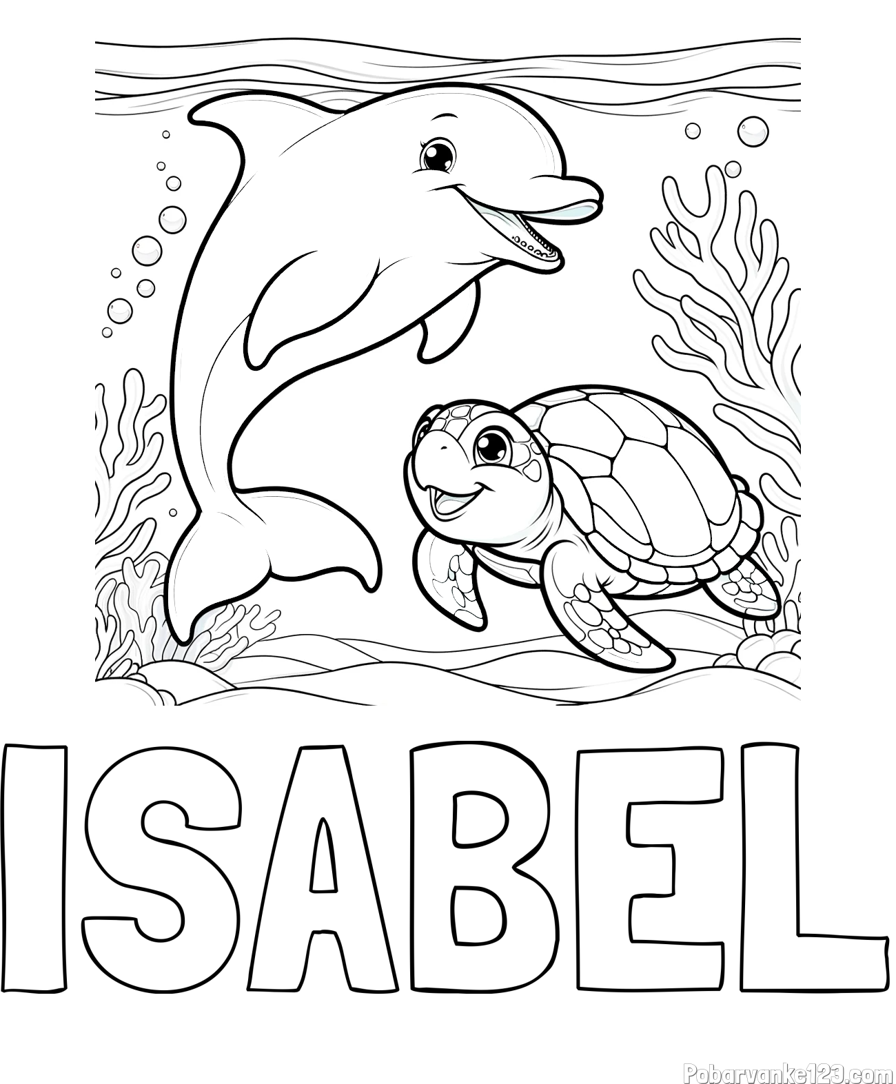 Pobarvanka imena ISABEL in pobarvanka ljubkega delfina z želvo v morju