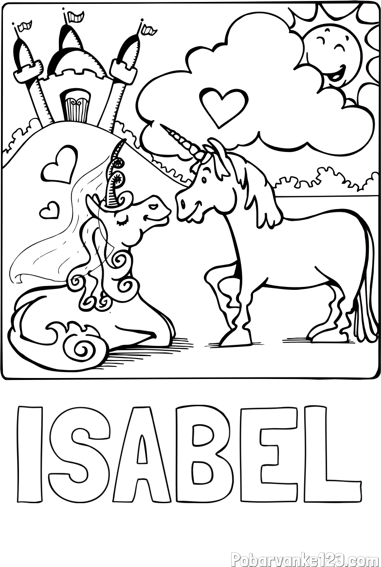 Pobarvanka imena ISABEL in pobarvanka zaljubljenih samorogov