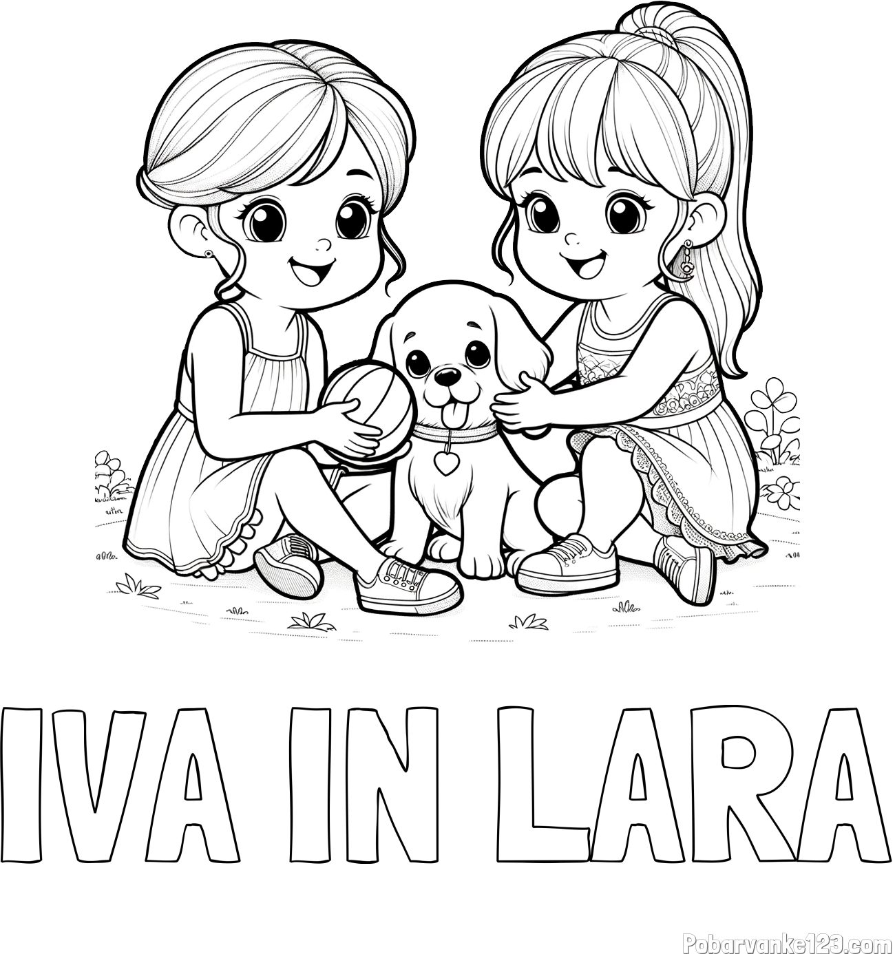 Pobarvanka imena IVA IN LARA in pobarvanka prijateljic s kužkom