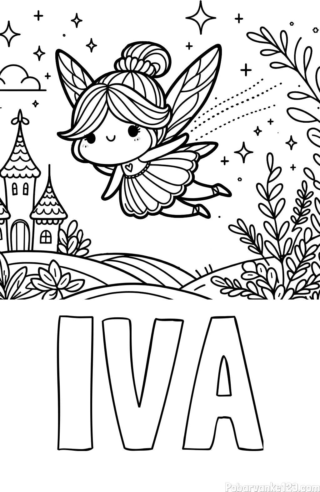 Pobarvanka imena IVA in pobarvanka čarobne vile, ki leti nad pravljično pokrajino