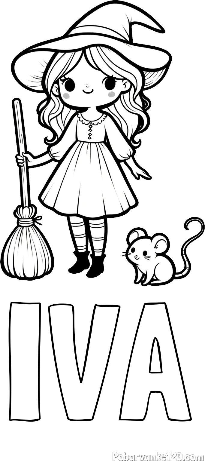 Pobarvanka imena IVA in pobarvanka čarovnice z metlo in miško