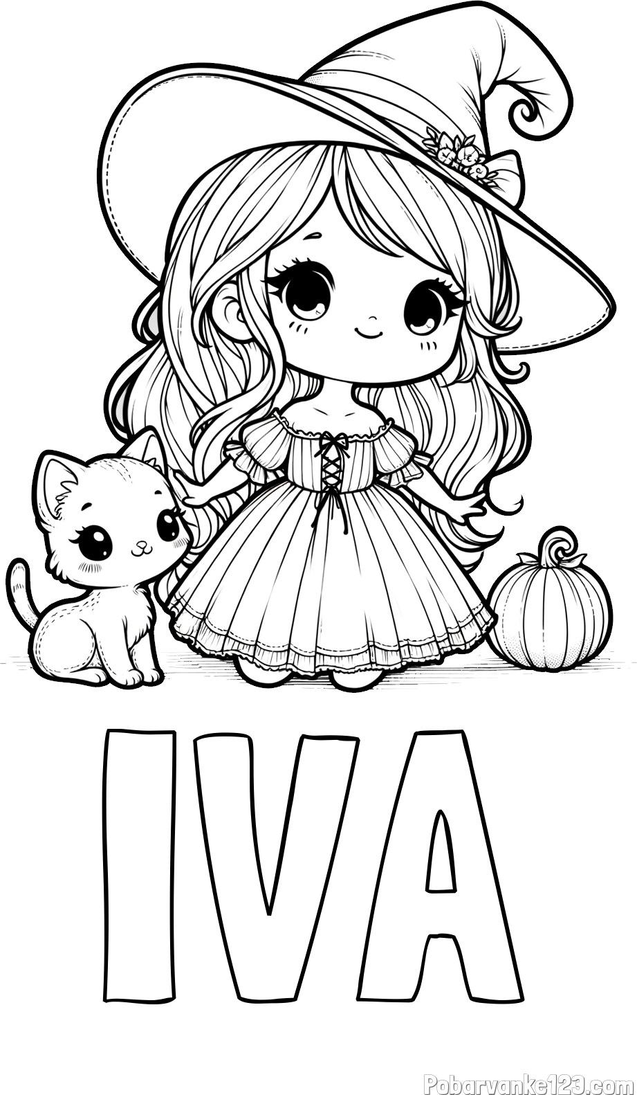 Pobarvanka imena IVA in pobarvanka ljubke čarovnice, muce in buče