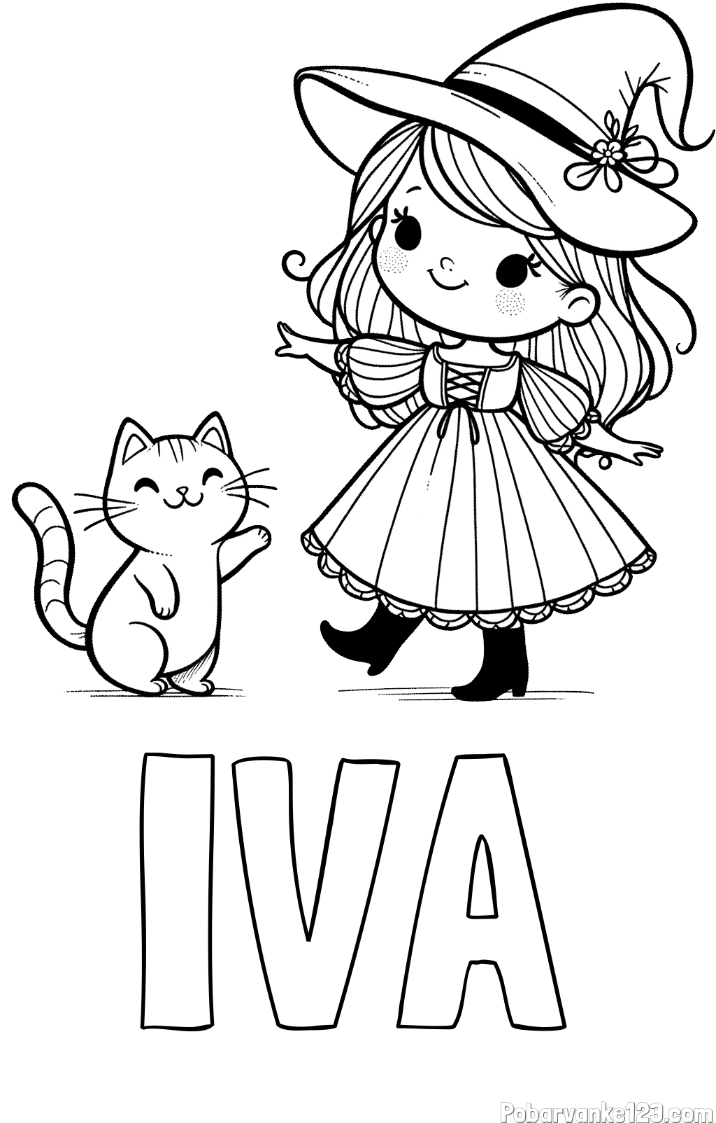 Pobarvanka imena IVA in pobarvanka ljubke čarovnice ter podrednega mačka