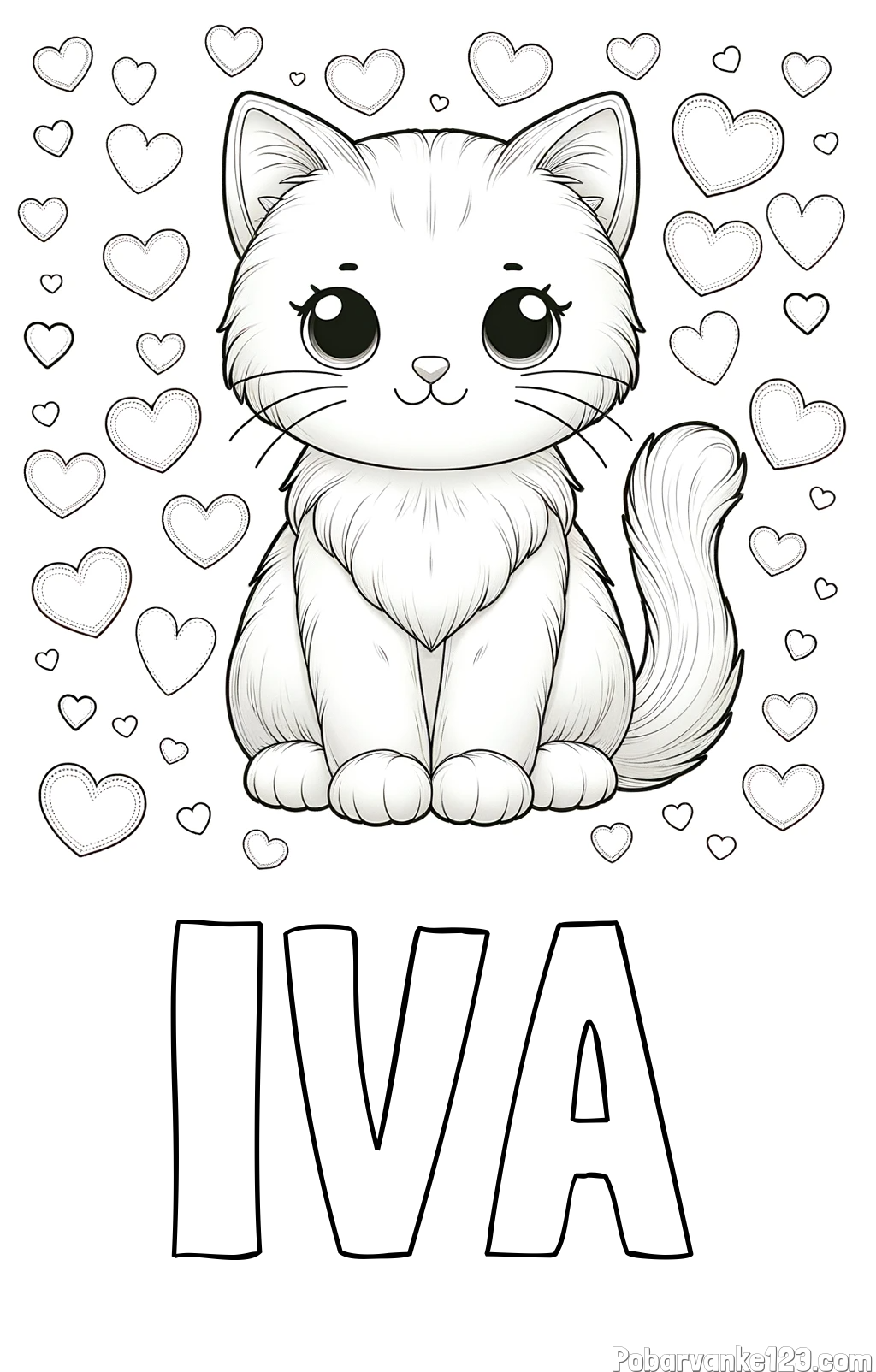 Pobarvanka imena IVA in pobarvanka ljubke mucke obdane s srčki