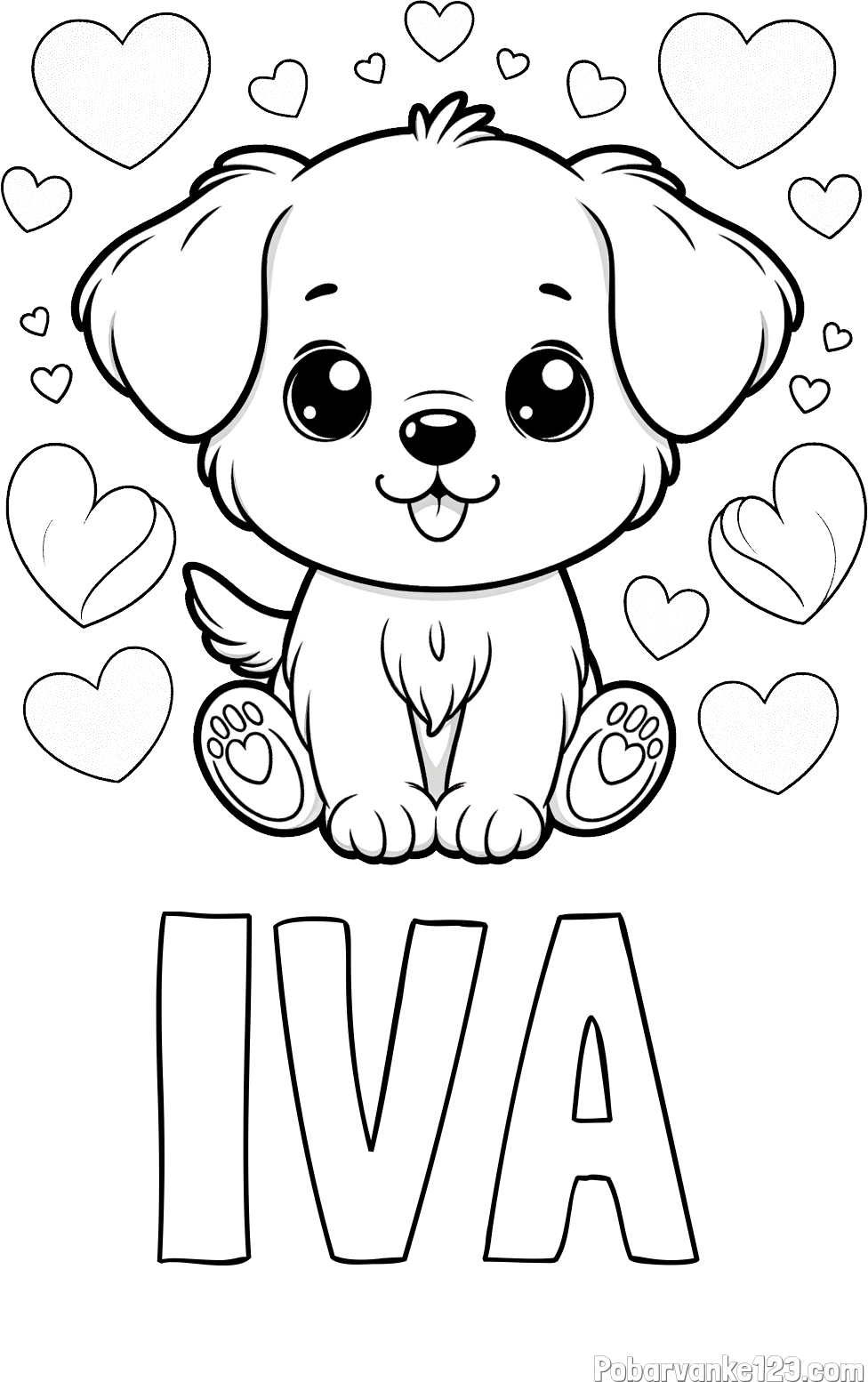 Pobarvanka imena IVA in pobarvanka ljubkega kužka obdanega s srčki