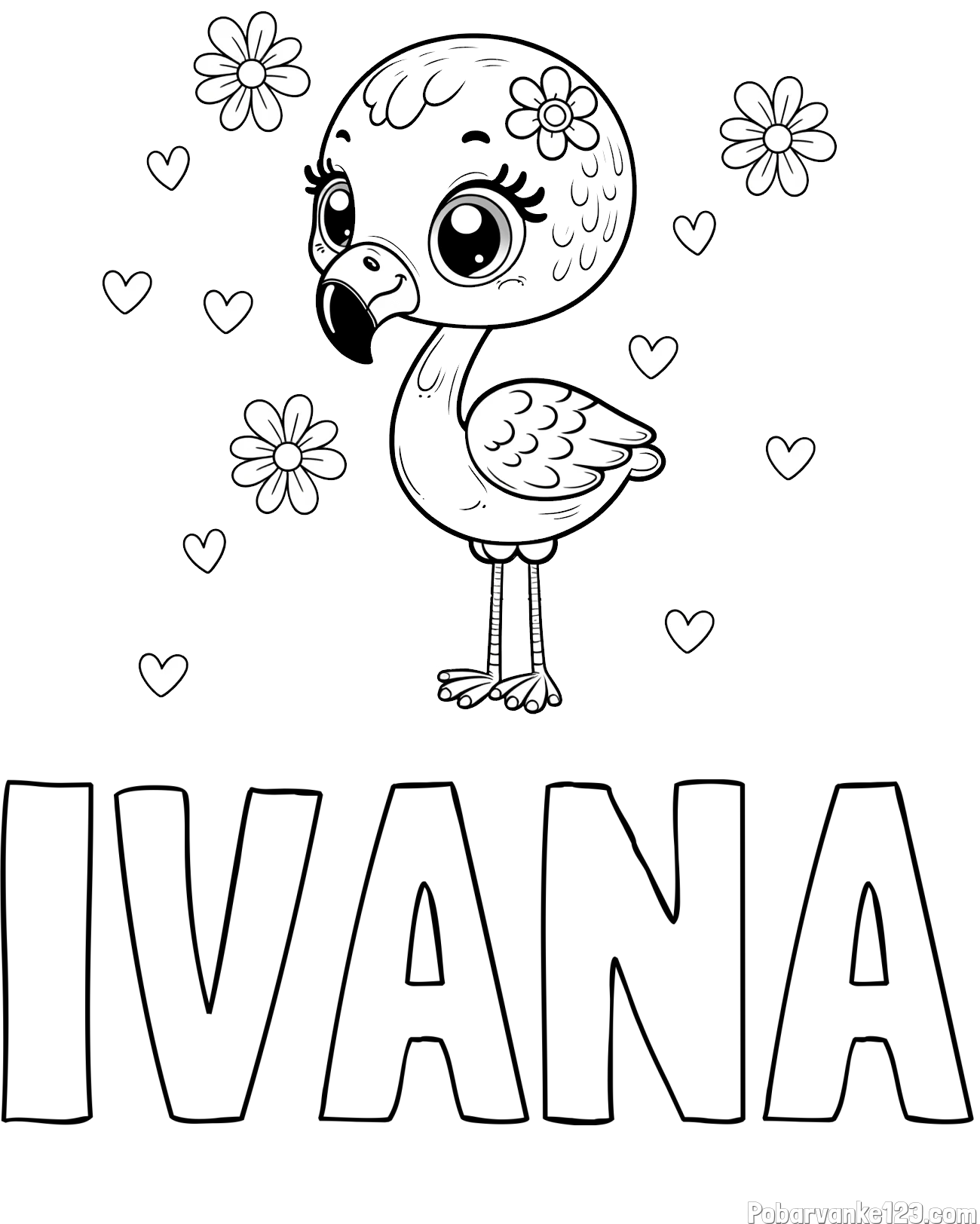 Pobarvanka imena IVANA in pobarvanka mladička flaminga z rožicami in srčki