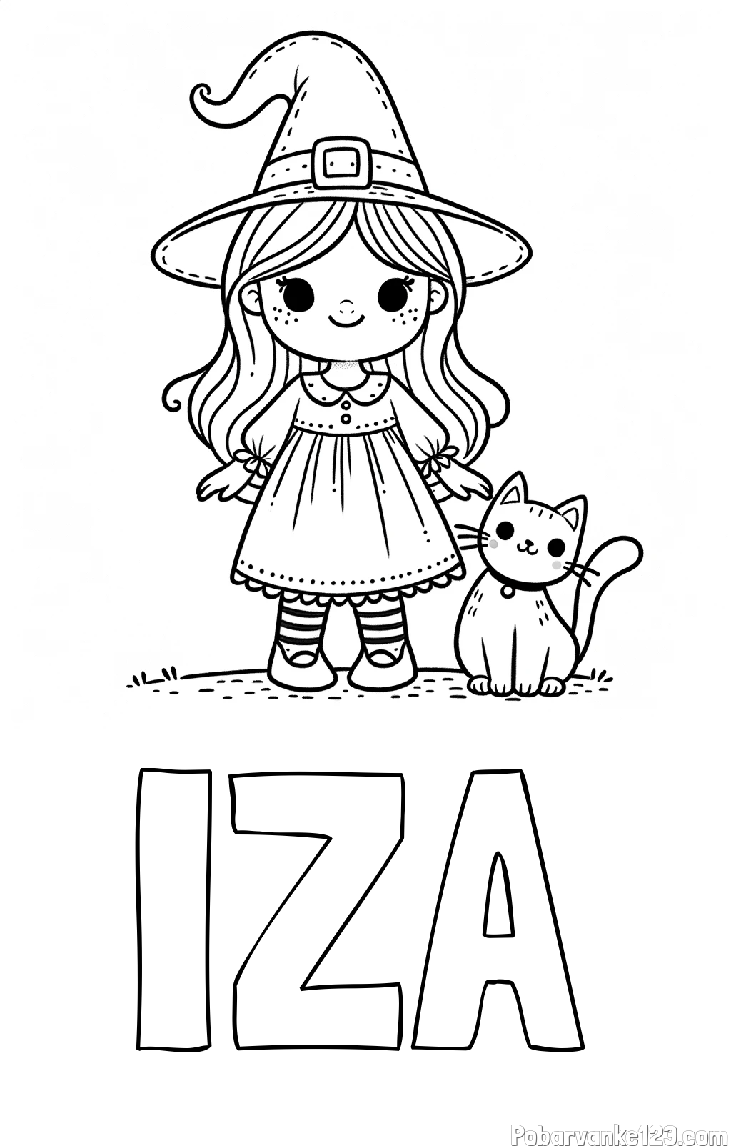 Pobarvanka imena IZA in Čudovita pobarvanka ljubke čarovnice in nasmejane mačke