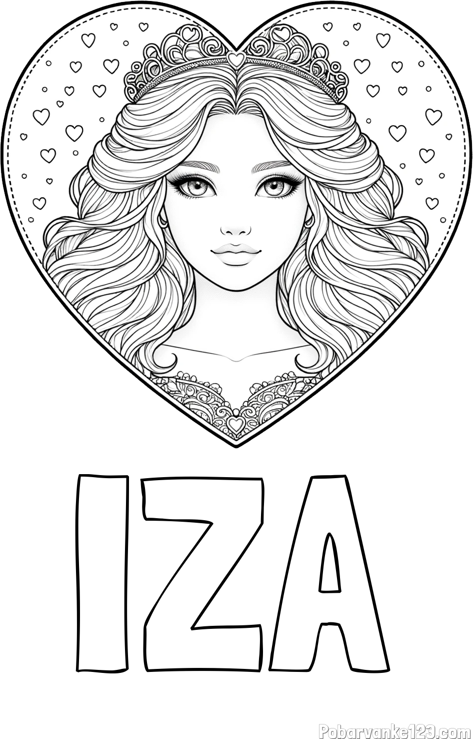 Pobarvanka imena IZA in pobarvanka ljubke princese v srčku