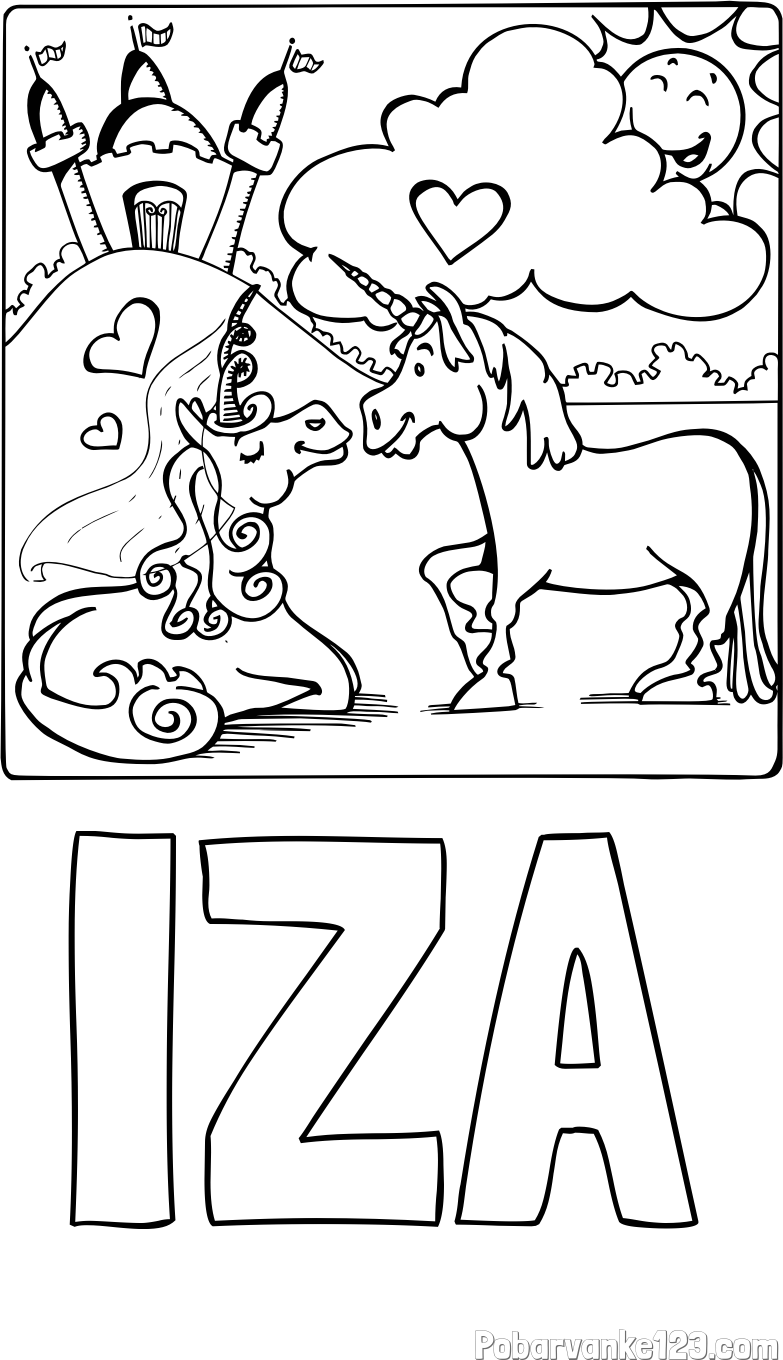 Pobarvanka imena IZA in pobarvanka zaljubljenih samorogov