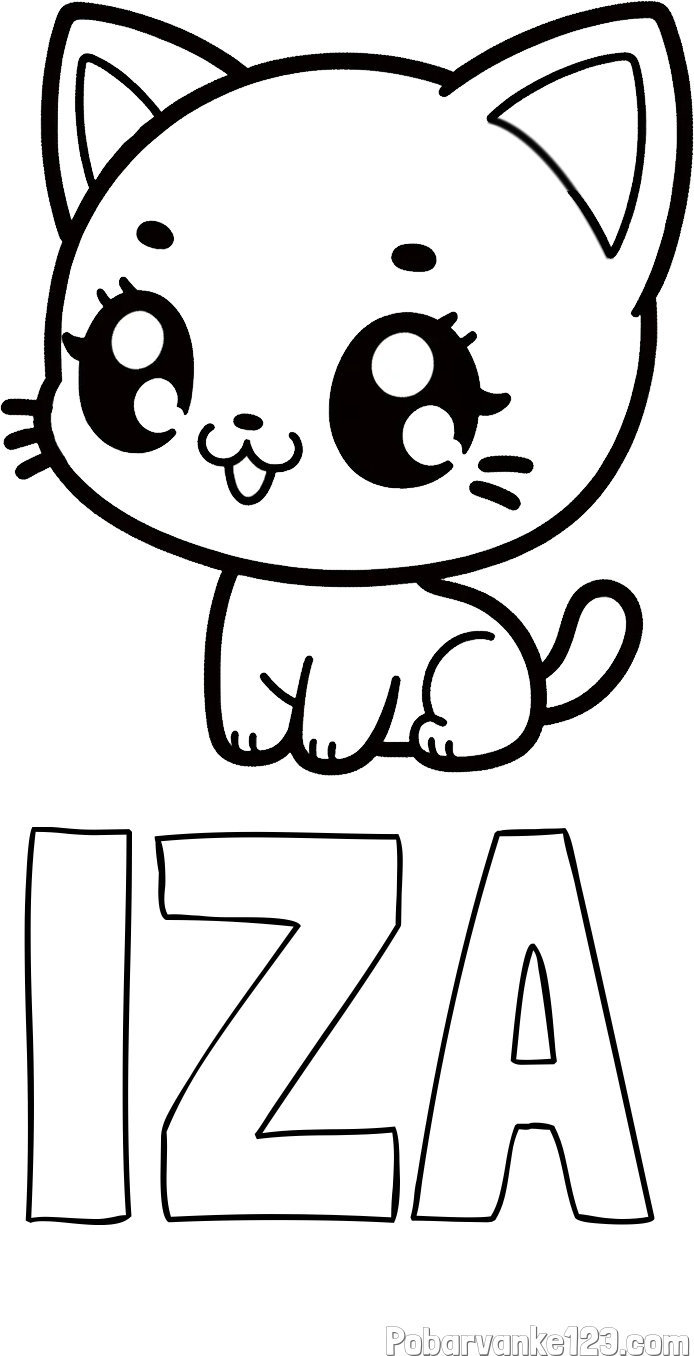 Pobarvanka imena IZA in pobarvnaka ljubke muce v anime slogu