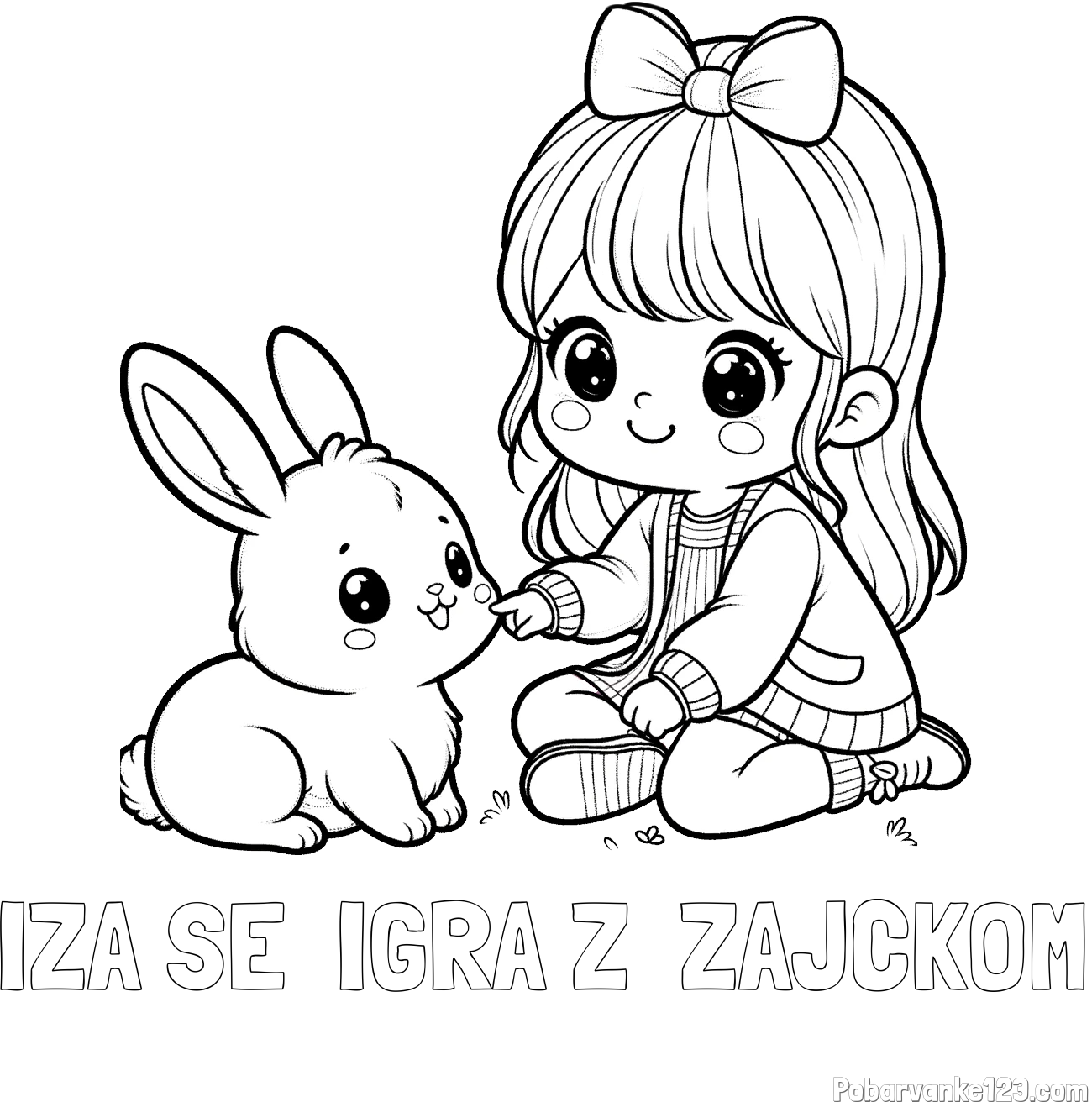 Pobarvanka imena IZA SE  IGRA Z  ZAJČKOM in pobarvanka ljubke punčke, ki se igra z zajčkom