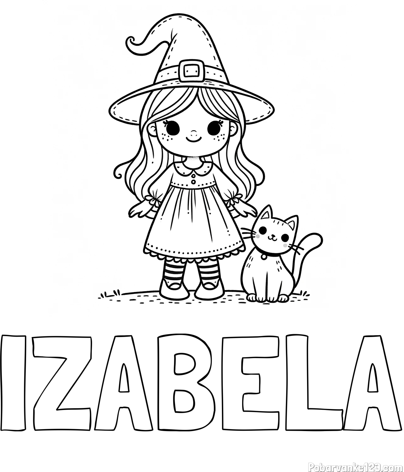 Pobarvanka imena IZABELA in Čudovita pobarvanka ljubke čarovnice in nasmejane mačke