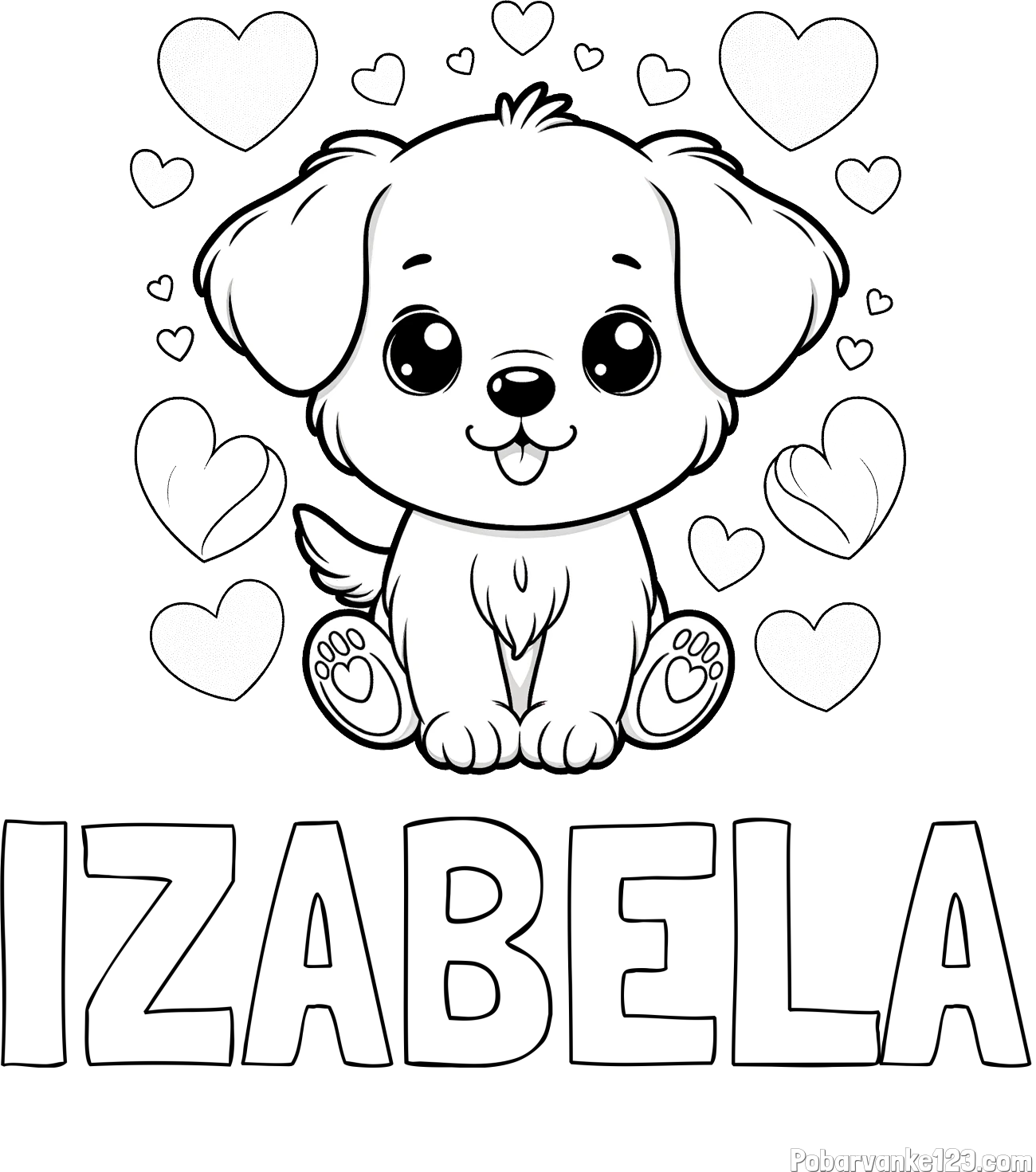 Pobarvanka imena IZABELA in pobarvanka ljubkega kužka obdanega s srčki