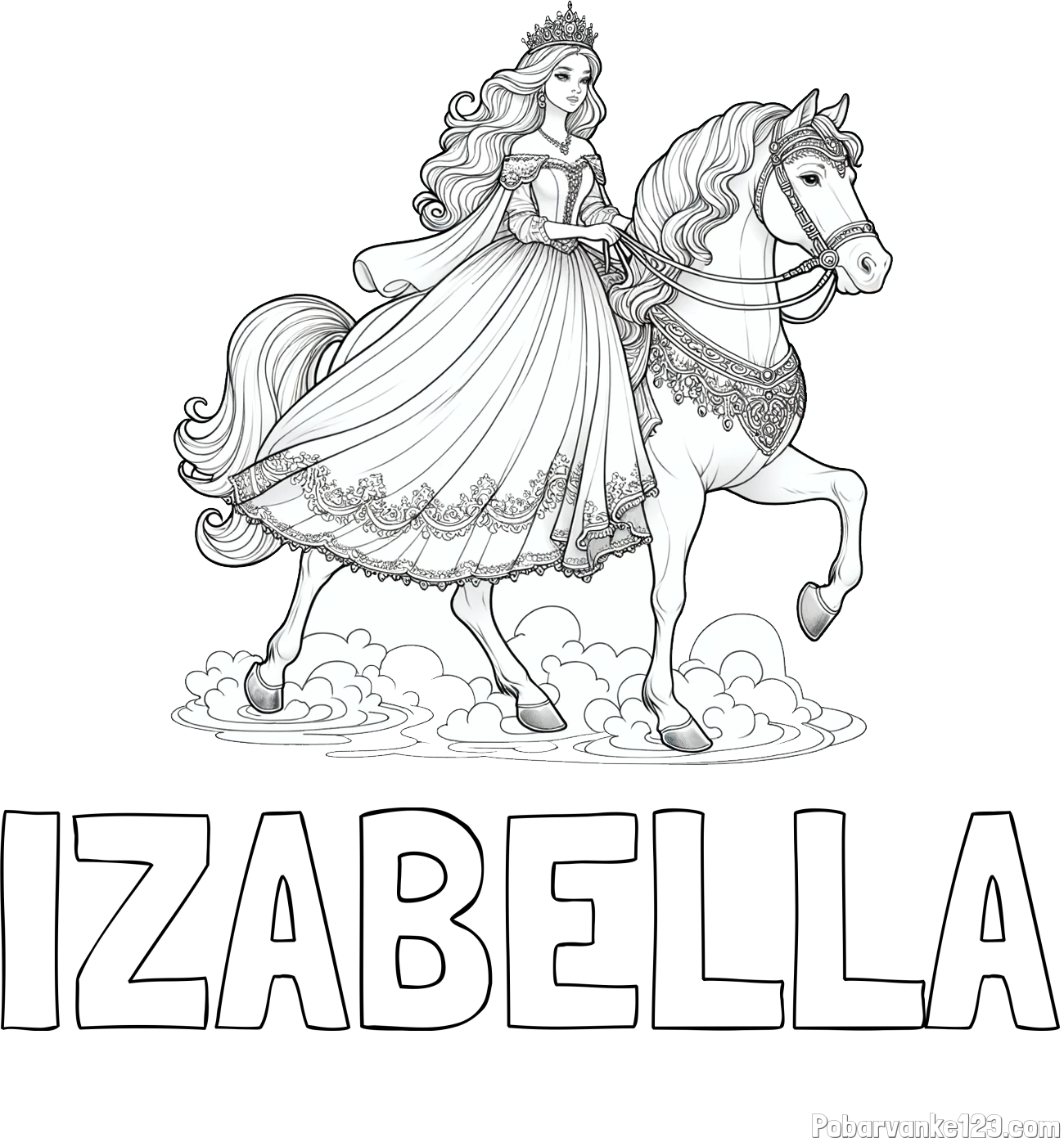 Pobarvanka imena IZABELLA in pobarvanka princese na konju