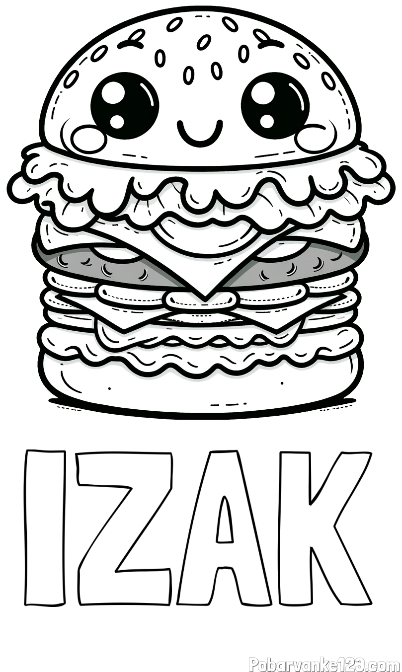 Pobarvanka imena IZAK in otroška pobarvanka nasmejanega hamburgerja
