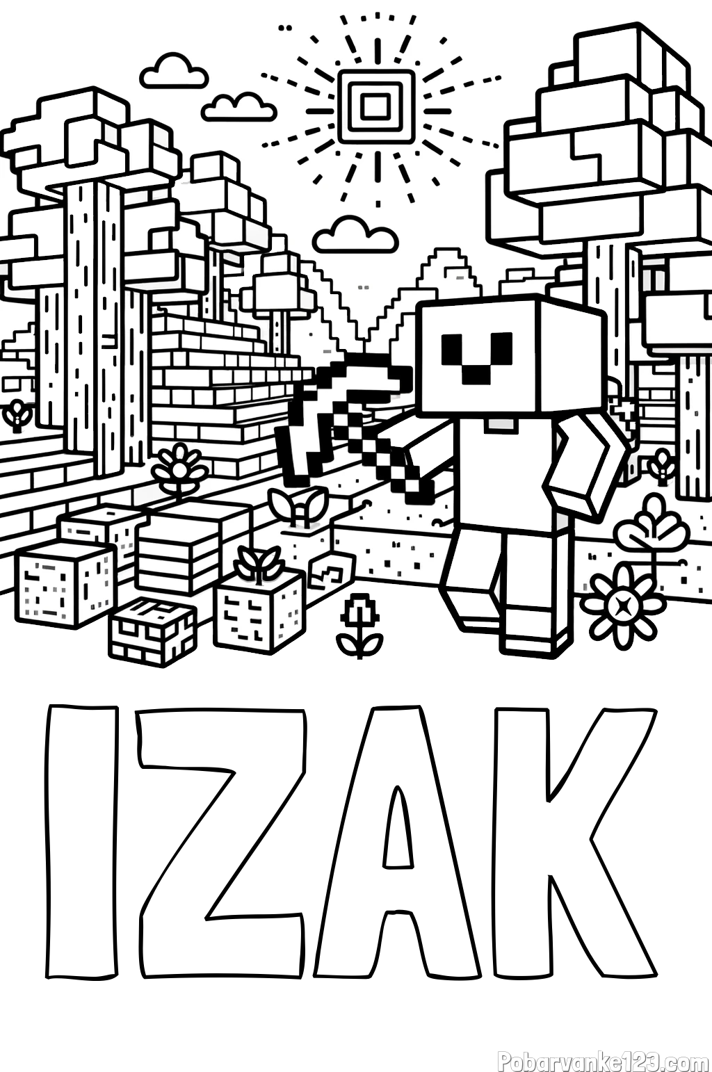 Pobarvanka imena IZAK in pobarvanka Minecraft sveta