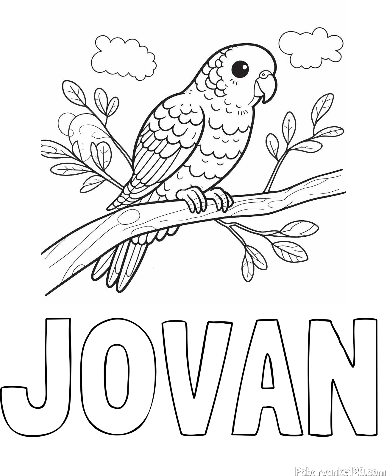 Pobarvanka imena J0VAN in pobarvanka ljubkega kanarčka na veji